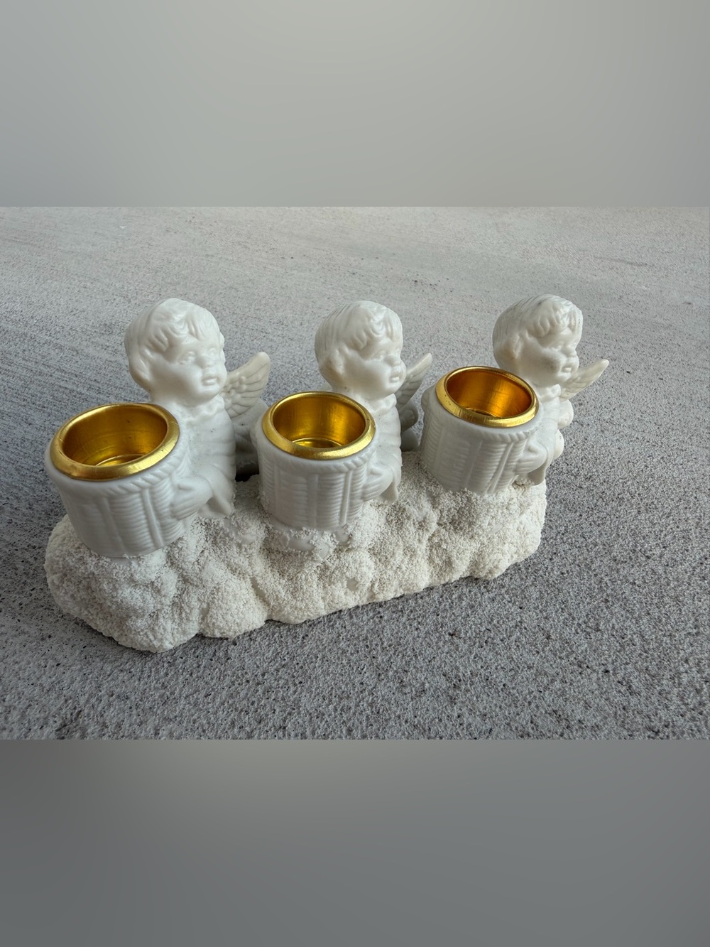 Vintage Cherub Angel Triple Candle Holder Gold Tone Cups White Resin Figurine 6”